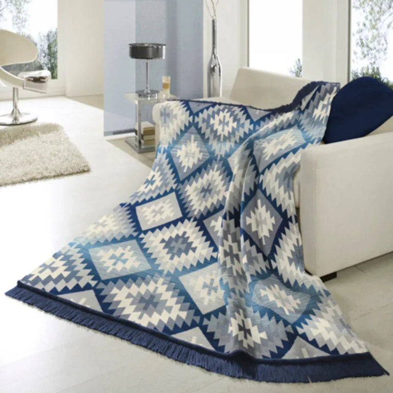 Biederlack Ikat Diamond Cotton Rich Blanket | Blue B7716
