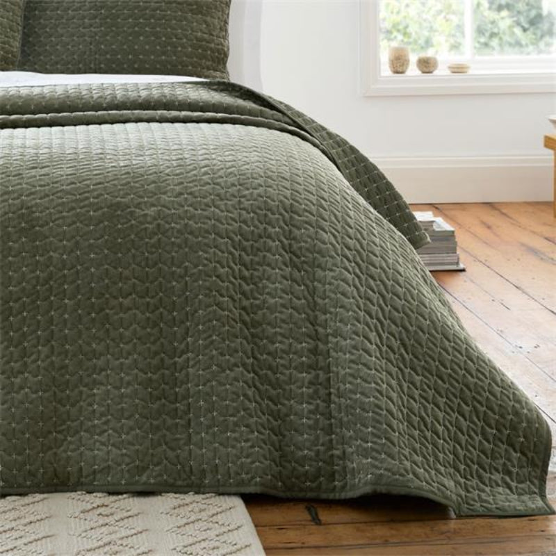 Bianca Attica Velvet Embroidered Bedspread Green
