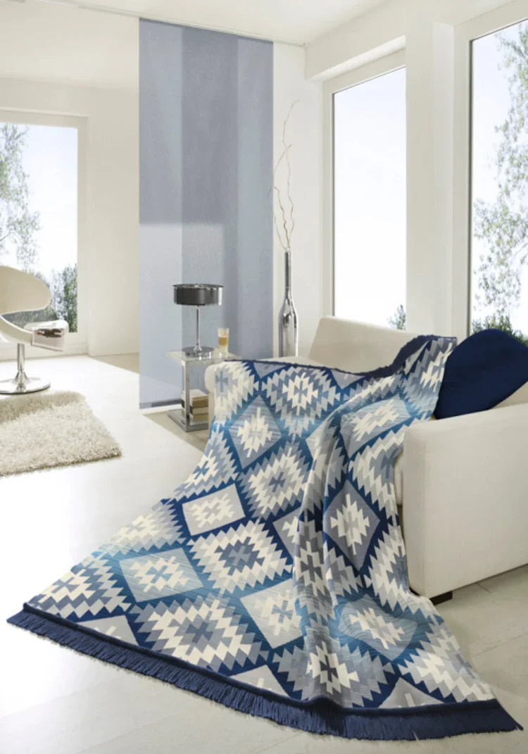 Biederlack Ikat Diamond Cotton Rich Blanket | Blue B7716