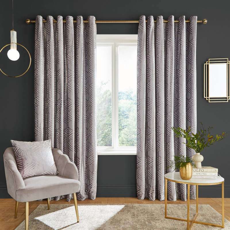 Catherine Lansfield Geo Cut Velvet Silver Eyelet Curtains